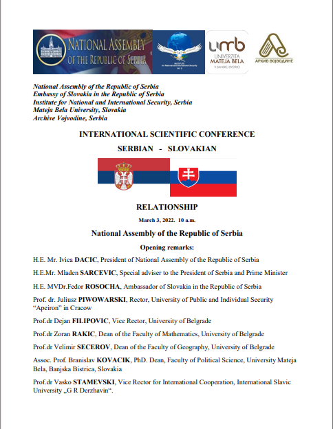 INTERNATIONAL SCIENTIFIC CONFERENCE SERBIAN - SLOVAKIAN RELATIONSHIP
